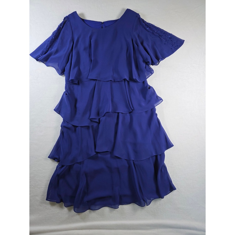Ignite Evenings Tiered Ruffle Beaded Chiffon Dress 6 Royal Blue Cocktail Wedding